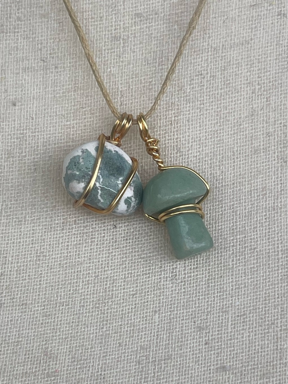 Green Avaturine Mushroom & Moss Agate Gold Tone Wire Wrap Necklace Tan Cord
